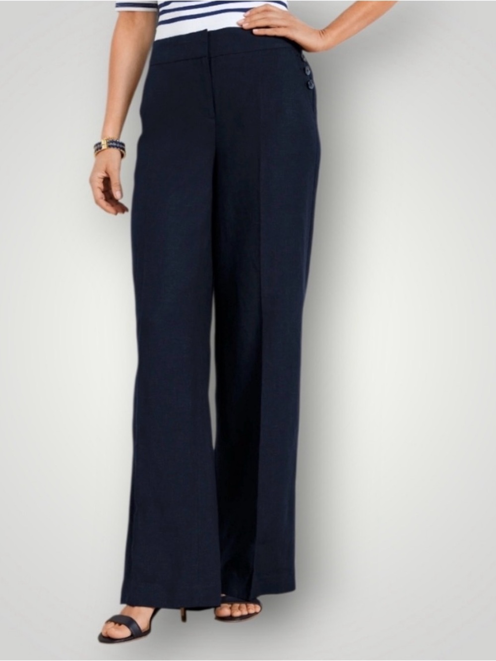 Talbots linen Navy Wide-Leg Pants with side button NWT - Picture 3 of 11